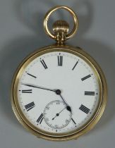 18ct gold open faced keyless top wind pocket watch with Roman enamel face having seconds dial, lever