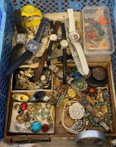 Box of assorted jewellery, watches and other items to include: 18ct gold plated watch, clip on and