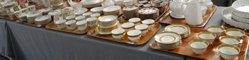 Five trays of china to include: Royal Doulton gilt edged part teaset, Noritake tea and coffee ware