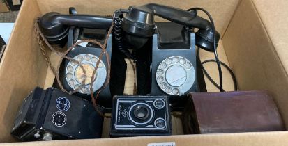 Two similar vintage Bakelite telephones together with some cameras including: Brownie Junior. (B.