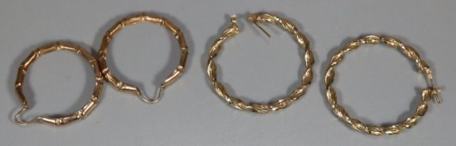 Two pairs of 9ct gold hoop earrings, one of simulated bamboo form. 5.9g approx. (B.P. 21% + VAT)