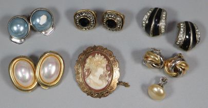 9ct gold cameo portrait brooch together with a collection of clip on earrings (B.P. 21% + VAT)