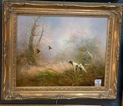 Eugene Kingman, (1909-1975), pointer flushing game birds in woodland, signed. Oils on canvas.