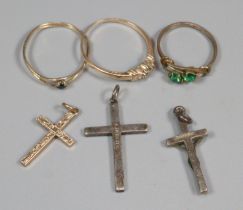 Two 9ct gold rings, one with diamond and missing other stones, together with a 9ct gold crucifix
