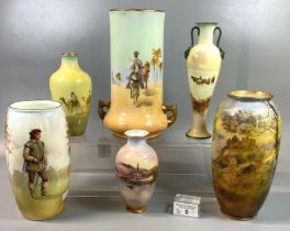 Collection of Royal Doulton hand painted vases to include: animals, camels with figures, woodland