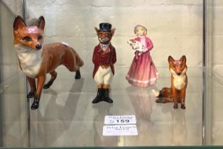 Collection of china to include: two Beswick foxes, Royal Doulton figure of a fox in human clothing