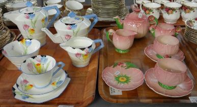 Vintage Carlton Ware pink 'Buttercup' flower design breakfast set comprising; small teapot, sugar