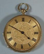 19th century 18ct gold fancy key wind fob watch with engine turned Roman face and engraved