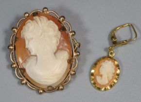 9ct gold cameo portrait brooch together with a gold finish cameo pendant. (2) (B.P. 21% + VAT)