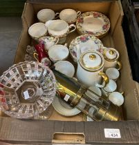 Box of assorted mainly china to include: Aynsley part tea set, Paragon coffee set, brass miner's
