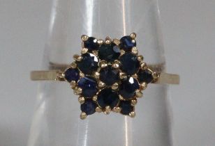 9ct gold blue stone cluster ring. 2.6g approx. Size N. (B.P. 21% + VAT)