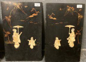 Pair of Japanese gilded and bone relief lacquered panels. 45x28cm approx. (2) (B.P. 21% + VAT)