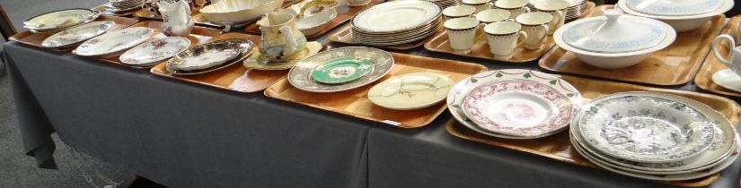 Five trays of china to include: various transfer printed, spongeware and hand painted Dillwyn