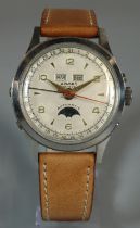 An Admes vintage Swiss made steel gentleman's day date moon phase chronograph wristwatch,