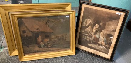 Three Morland type prints, framed and another modern un-framed print. (4) (B.P. 21% + VAT)