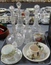 Tray of china and glassware to include: various shaped cut, etched and moulded glass decanters