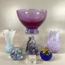 Collection of mainly Caithness Art glass items to include: bowl, vases and paperweights. (6) (B.P.