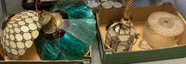 Collection of glass light shades and an alabaster table lamp. (B.P. 21% + VAT)
