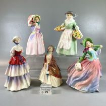 Five Royal Doulton bone china figurines to include: 'Eliza', 'Miss Demure', 'Autumn Breezes', 'Daffy
