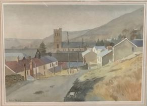 Peter Morgan (Welsh 20th century), Welsh Valleys village, signed. Watercolours. 34x47cm approx.