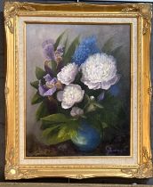 Caroline Mansfield (British 20th century), 'Peonies and Iris', signed and dated verso 1980. Oils