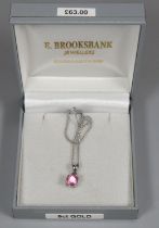 9ct white gold fine link chain with pink stone pendant. 3g approx. (B.P. 21% + VAT)