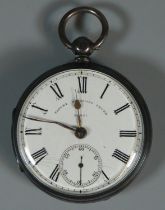 19th century silver open faced key wind pocket watch with Roman face having seconds dial and lever