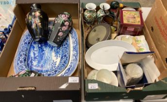 Two boxes of mainly china to include: blue and white meat dishes, pair of Imperial Porcelain