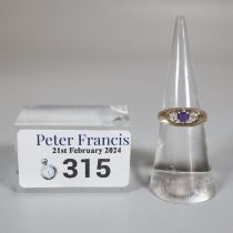 9ct gold diamond and purple stone ring. 2.2g approx. size J. (B.P. 21% + VAT)