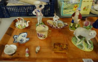 Tray of china to include: sheep design Staffordshire spill vase, continental porcelain items; floral