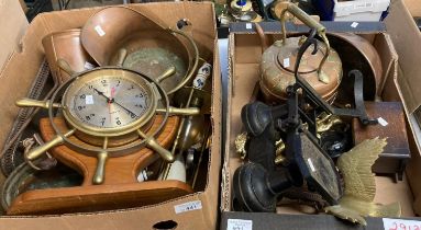 Two boxes of metalware to include: reproduction quartz ship's time clock, copper coal scuttles and