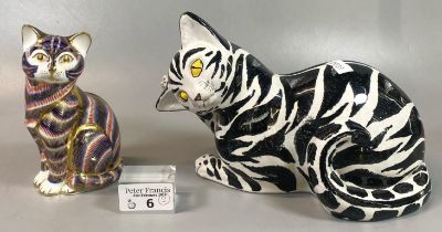 Royal Crown Derby Imari paperweight of a seated cat. Together with an Italian ceramic recumbent hand