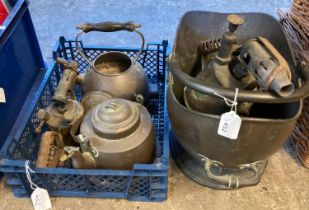 Collection of metalware to include: copper coal scuttle, other copper items, blow torches etc. (B.P.