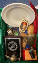 Box of assorted items to include: costume jewellery, dress watches, Public Works Dept. US Naval