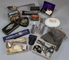 Box of oddments to include: 19th century silver spoon (2 troy oz approx. ), silver napkin ring,