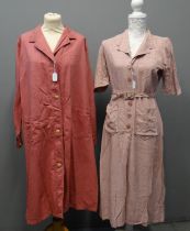 Vintage 1940's/50's pink printed cotton dress, together with a pink cotton summer coat or house