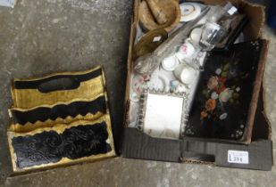 Box of assorted items to include: letter rack, picture frame, vintage blotter, metal pheasant, Royal