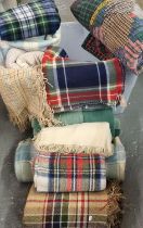 Box of assorted textiles to include: vintage patchwork cotton quilt, woollen shawls, blankets,