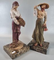 Two modern figurines of flower girls, both standing on veined marble bases, one indistinctly signed,