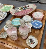 Tray of china to include: pair of continental porcelain scent bottles and stoppers, Wedgwood