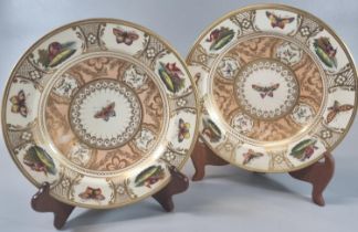 Pair of 19th century porcelain Grainger Worcester shallow dessert dishes, hand painted with exotic