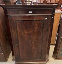 19th century oak blind panelled single door corner cupboard, the dental cornice above an interior of