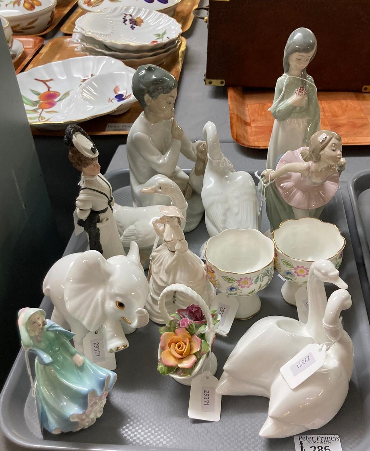 Tray of ceramics to include: Lladro and Nao figurines, Coalport bone china 'Bonnie Lass' figurine,