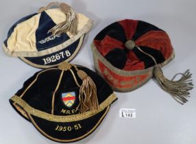 Three vintage sporting rugby/football honours caps dated 1906-7, 1926-7 and 1950-51. (B.P. 21% +