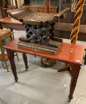 Victorian stained pine side table of rectangular form standing on baluster turned legs and later
