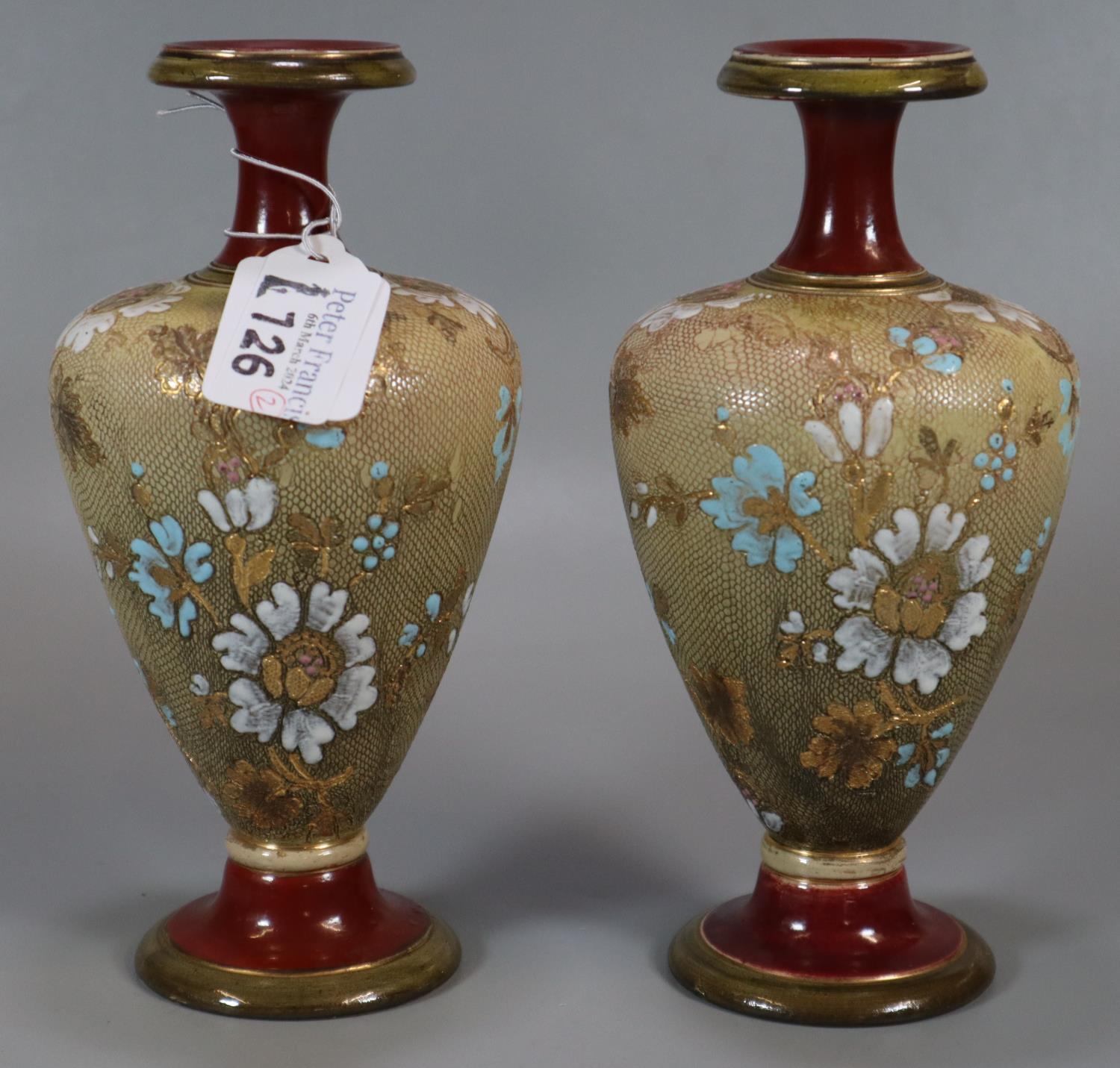 Pair of late 19th early 20th century Doulton Burslem Stoneware vases with relief enamel floral