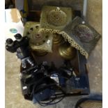 Box of metalware and scientific equipment to include: brass trivets, vintage Swedish blowtorches,