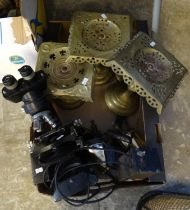 Box of metalware and scientific equipment to include: brass trivets, vintage Swedish blowtorches,