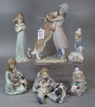 Collection of Lladro Spanish porcelain figurines and figure group with animals: cats, dogs,