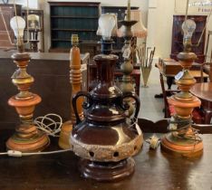 Collection of wooden, ceramic and brass table lamps, one of West German style. (5) (B.P. 21% + VAT)